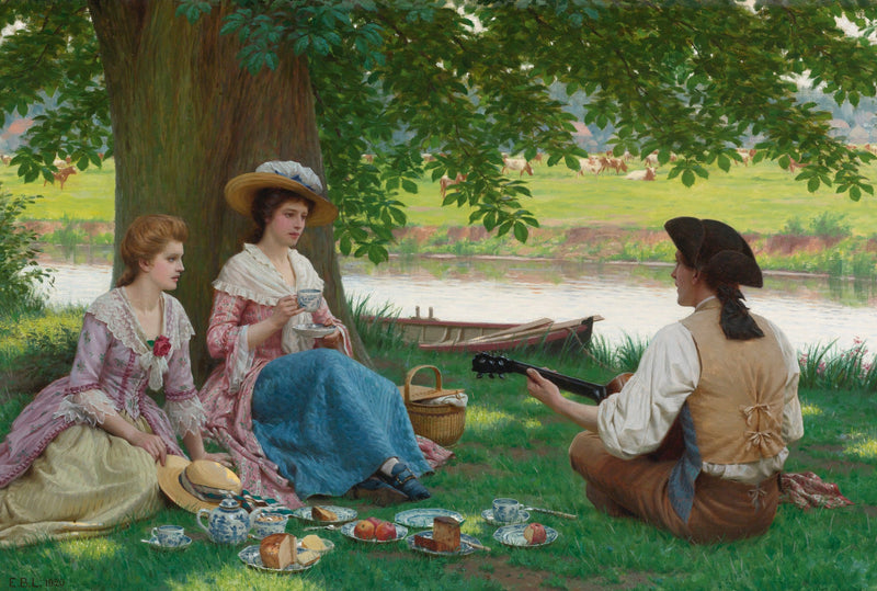 People Oil Painting - Riverside Picnic with Music Scene - Oil Painting Haven