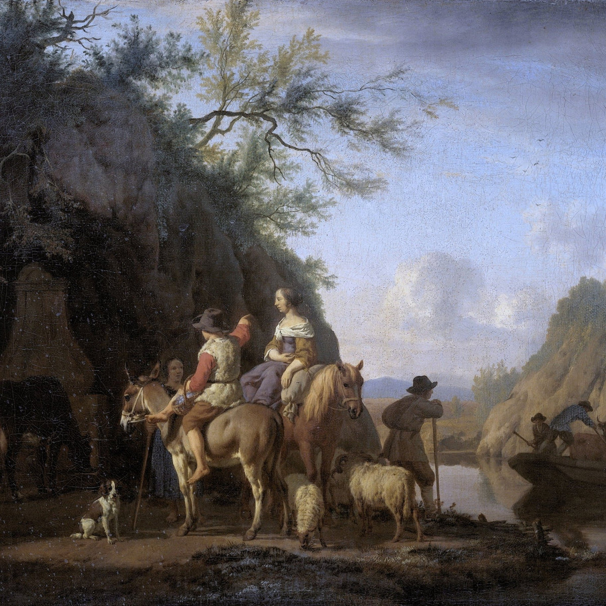 People Oil Painting - Riverside Travelers with Horses Scene - Oil Painting Haven