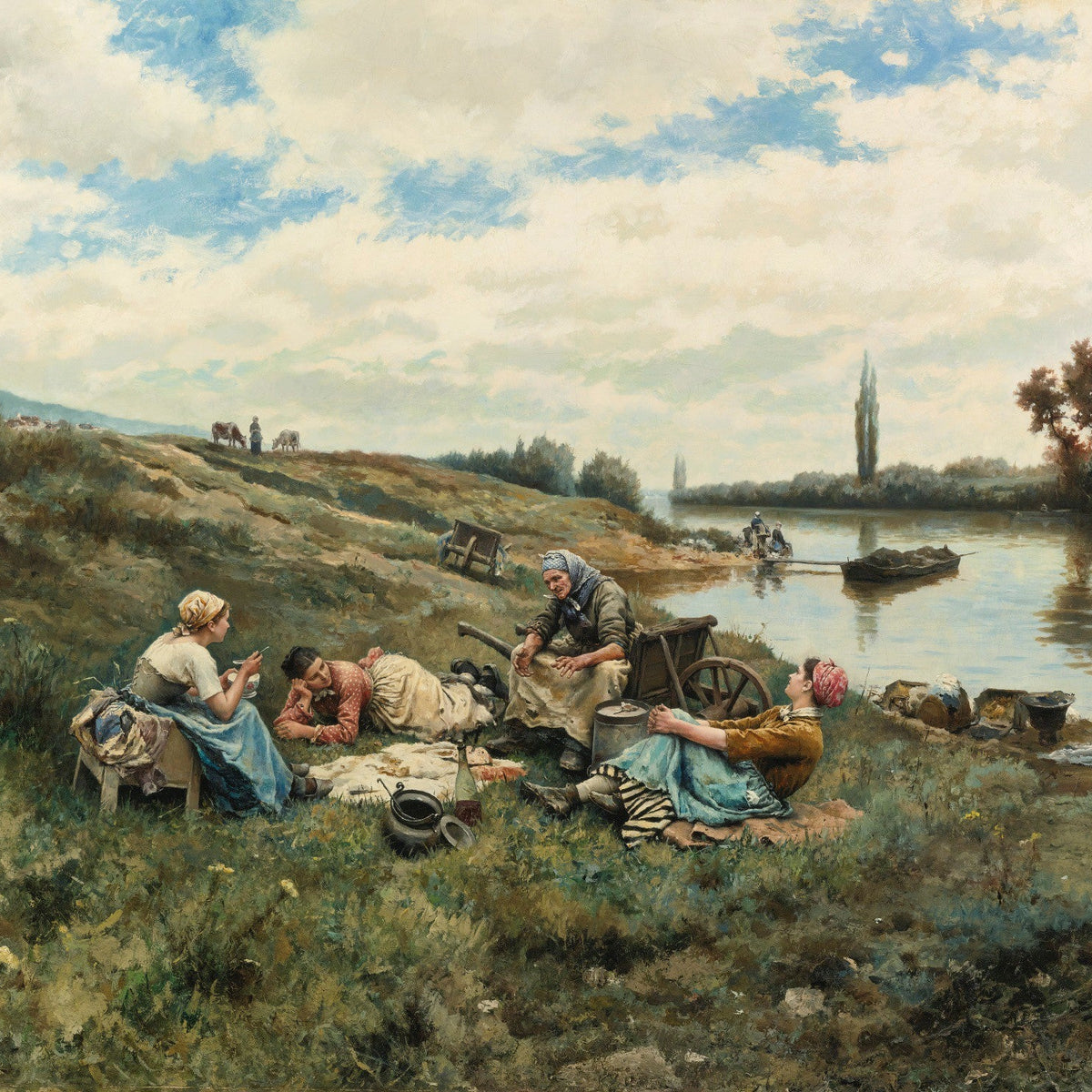 People Oil Painting - Riverside Workers Resting Scene - Oil Painting Haven