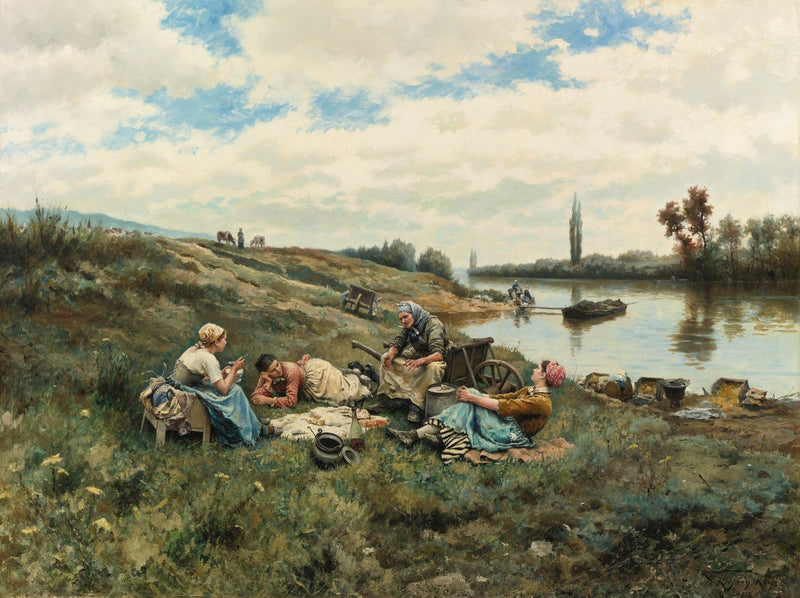 People Oil Painting - Riverside Workers Resting Scene - Oil Painting Haven