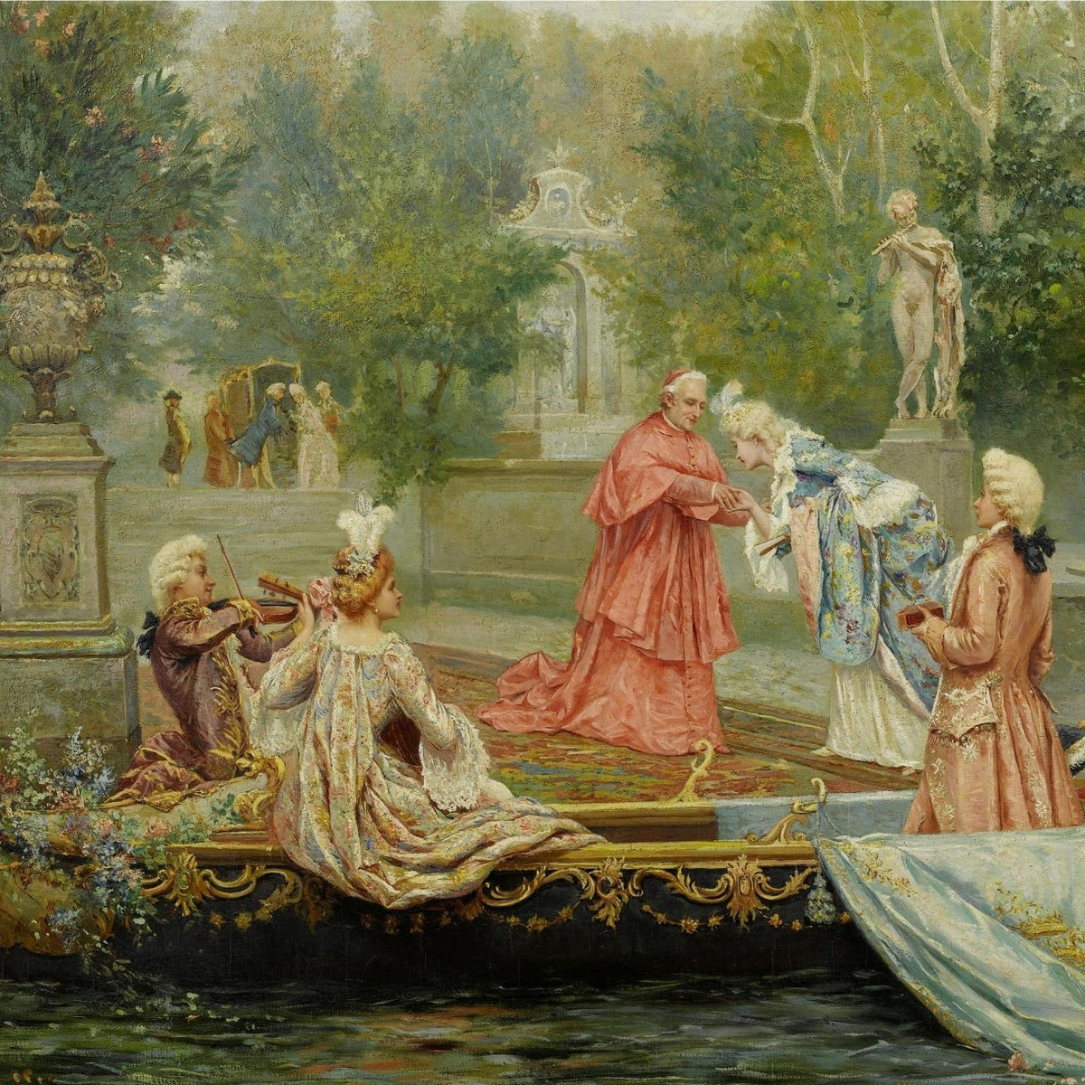 People Oil Painting - Rococo Court Scene on a Garden Barge - Oil Painting Haven