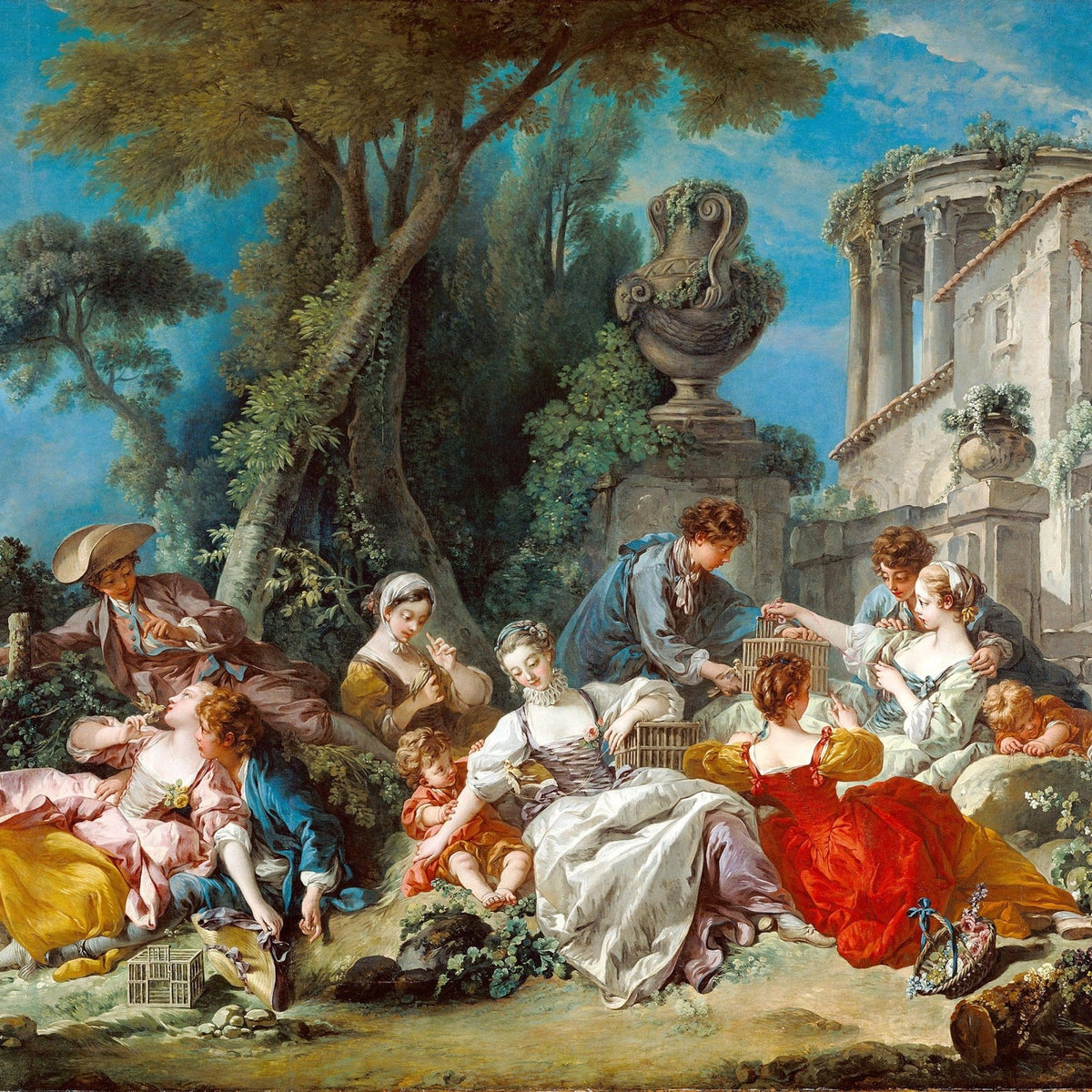People Oil Painting - Rococo Garden Scene with Children and Birds - Oil Painting Haven