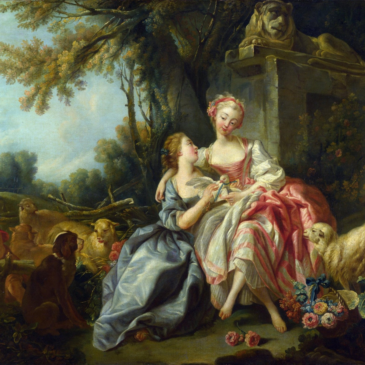 People Oil Painting - Rococo Ladies with Sheep in Pastoral - Oil Painting Haven