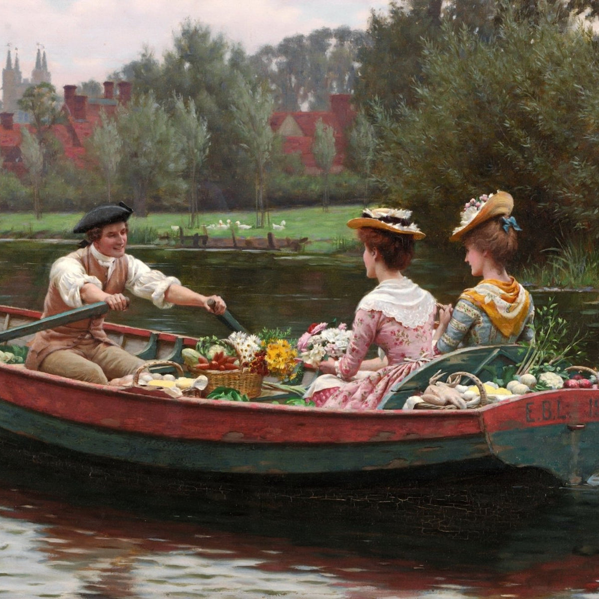 People Oil Painting - Romantic Boat Ride with Flowers Scene - Oil Painting Haven
