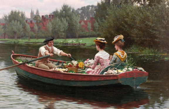 People Oil Painting - Romantic Boat Ride with Flowers Scene - Oil Painting Haven