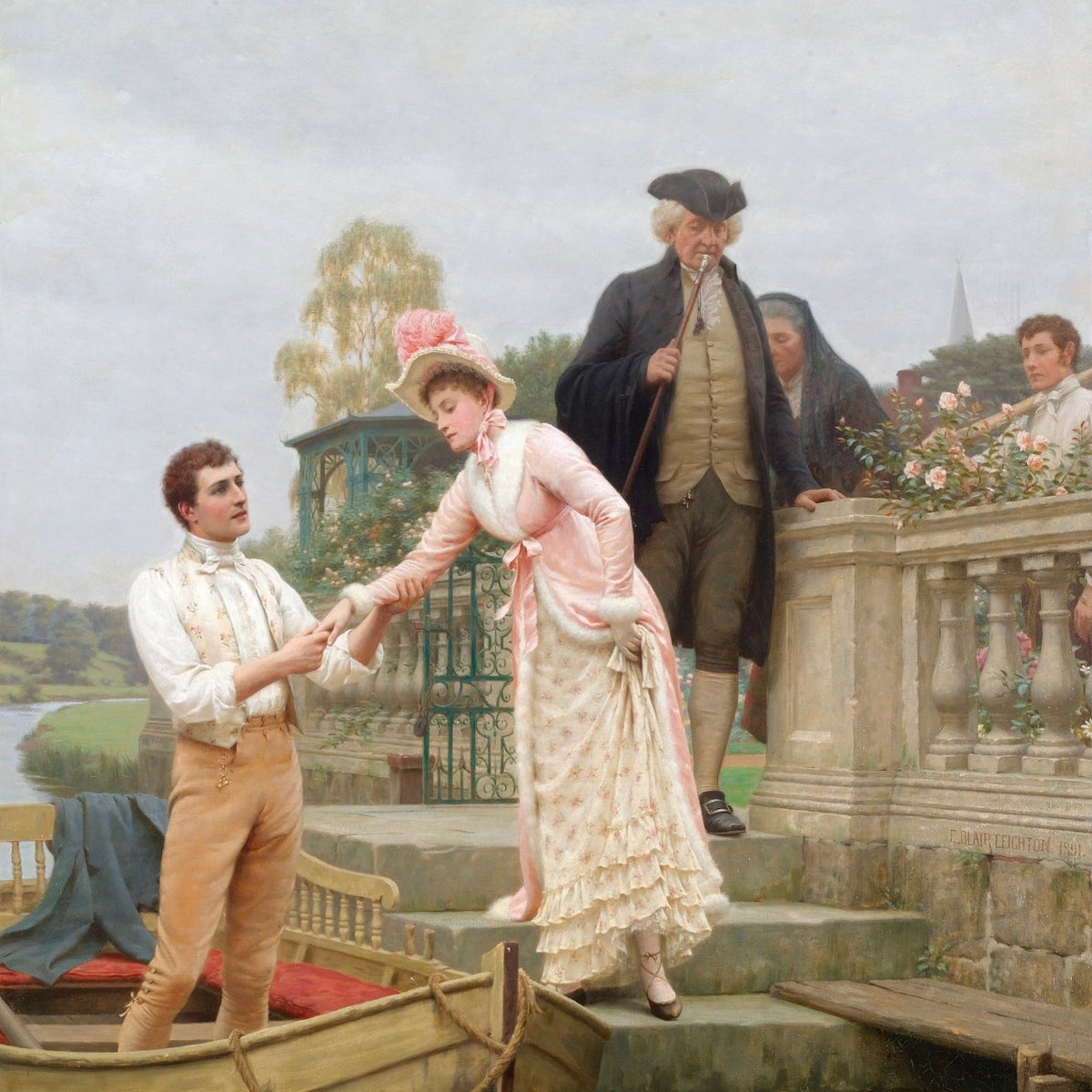 People Oil Painting - Romantic Couple by Riverside Boat Scene - Oil Painting Haven