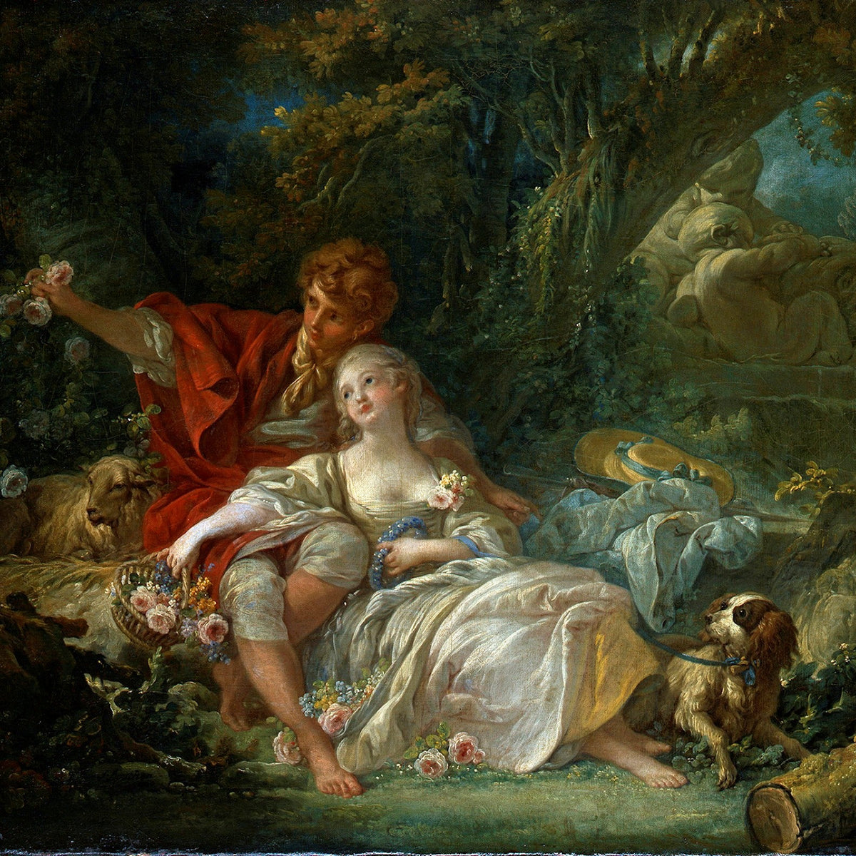 People Oil Painting - Romantic Couple with Sheep in Garden - Oil Painting Haven
