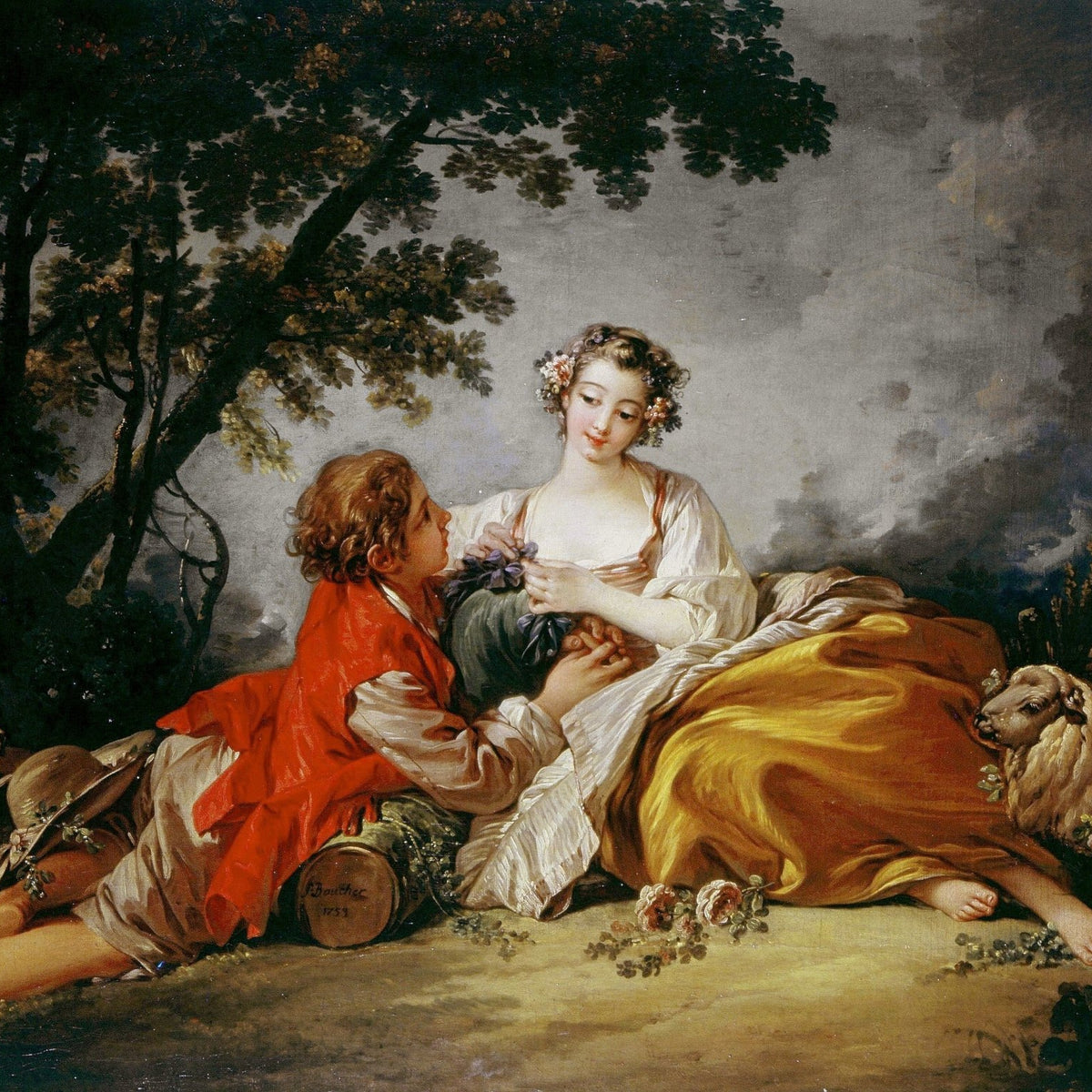 People Oil Painting - Romantic Couple with Sheep Pastoral Scene - Oil Painting Haven