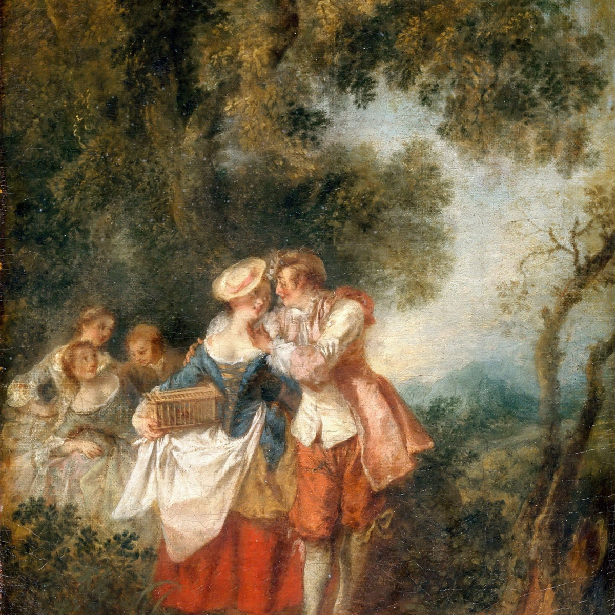People Oil Painting - Romantic Garden Couple with Bird Cage - Oil Painting Haven