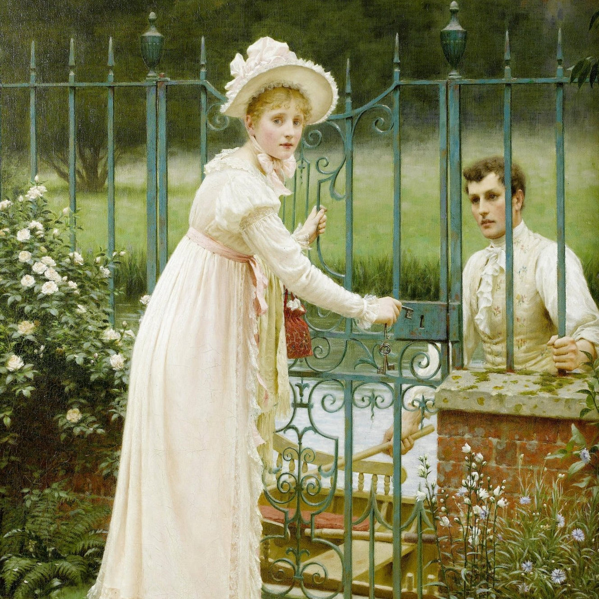 People Oil Painting - Romantic Meeting at Garden Gate Scene - Oil Painting Haven