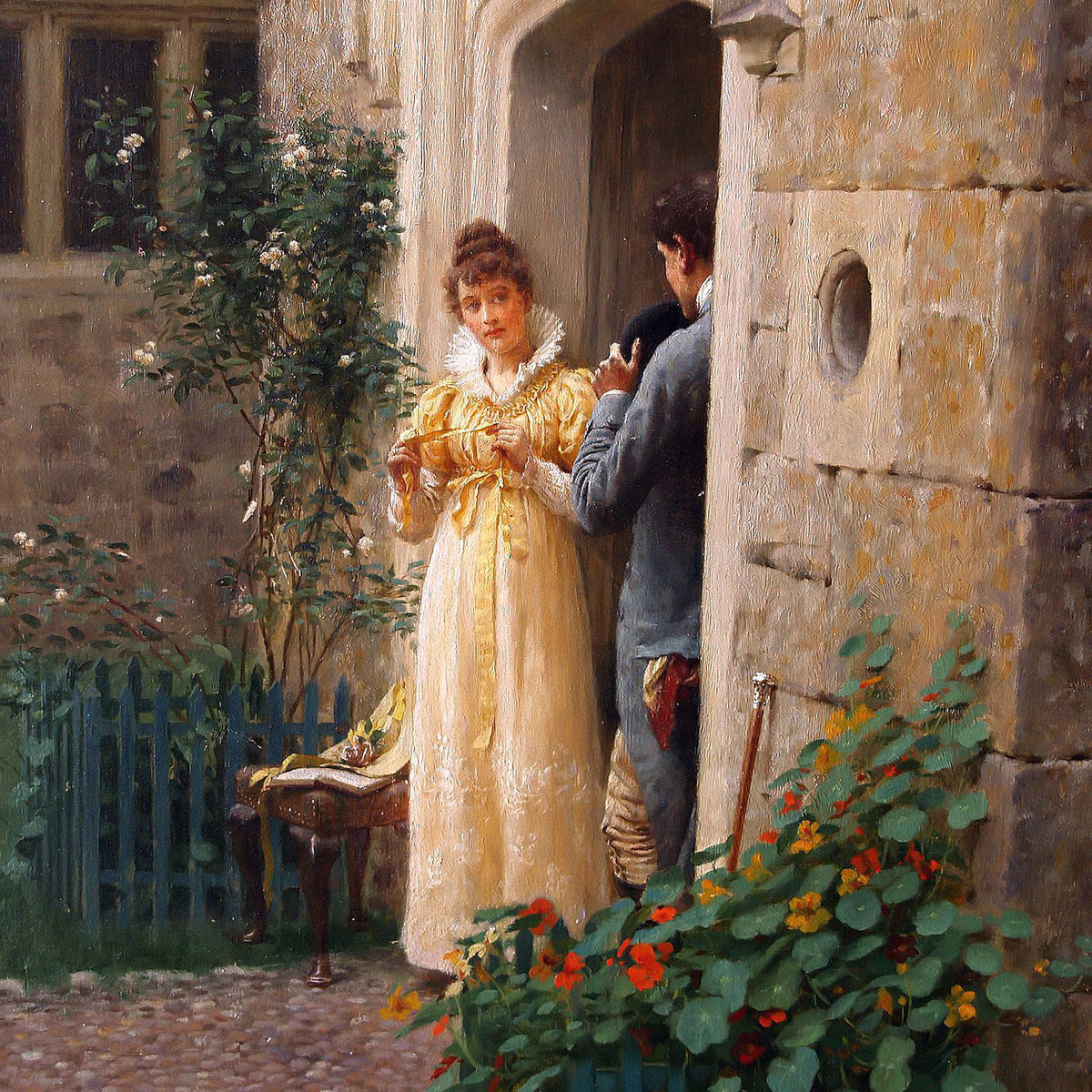People Oil Painting - Romantic Scene at Garden Doorway - Oil Painting Haven
