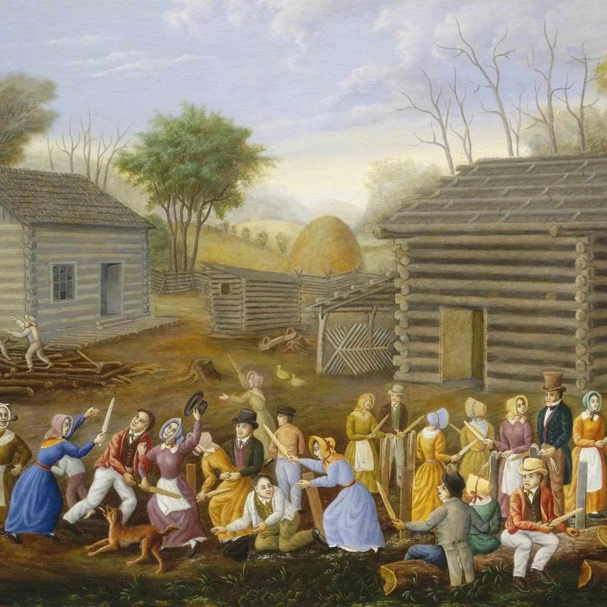 People Oil Painting - Rural Community Scene with Activities - Oil Painting Haven