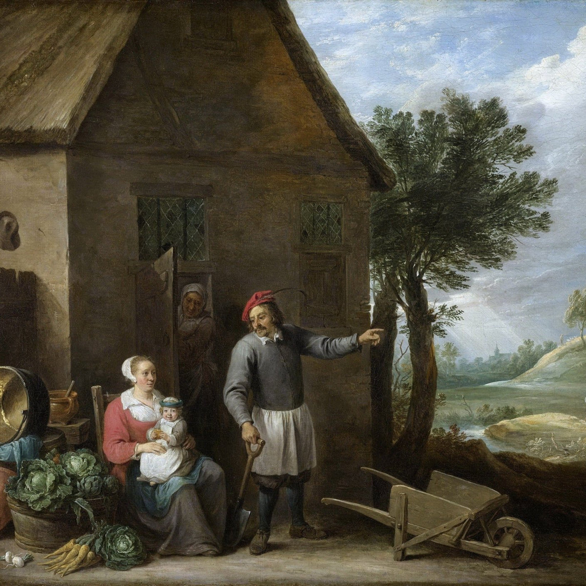 People Oil Painting - Rural Family Scene by Cottage - Oil Painting Haven