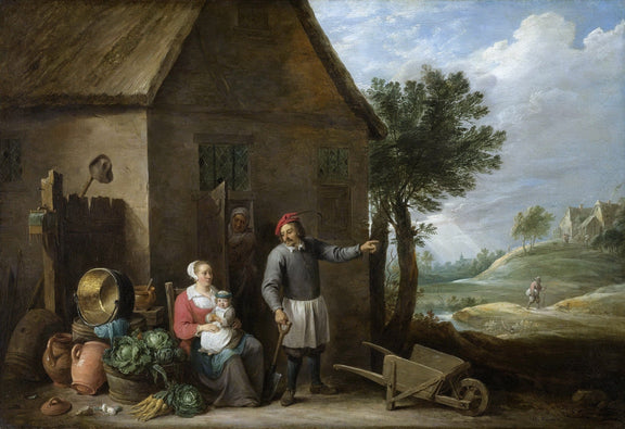 People Oil Painting - Rural Family Scene by Cottage - Oil Painting Haven
