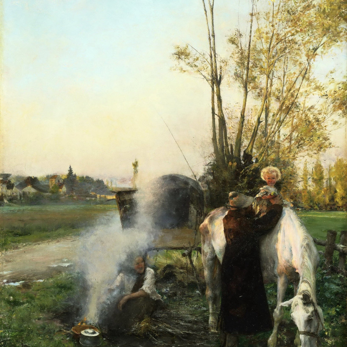 People Oil Painting - Rural Family with Horse in Countryside - Oil Painting Haven