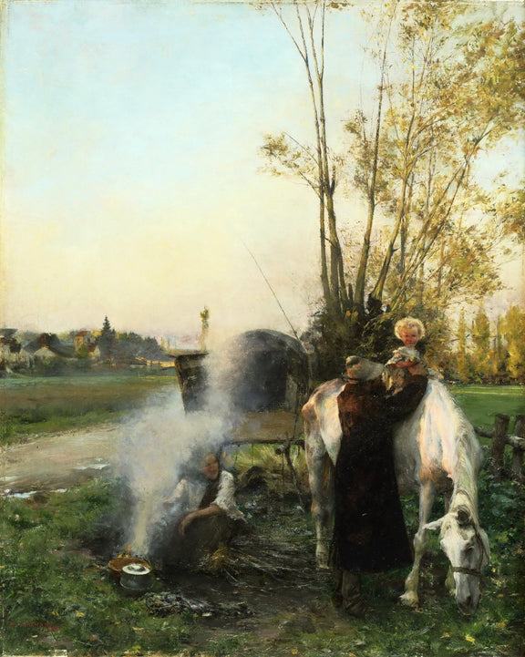 People Oil Painting - Rural Family with Horse in Countryside - Oil Painting Haven