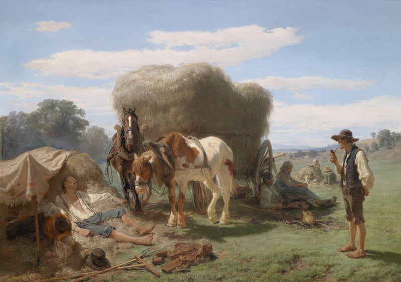 Peinture à l'huile de paysage - Homme à dos d'âne, femme, chien et champ rural