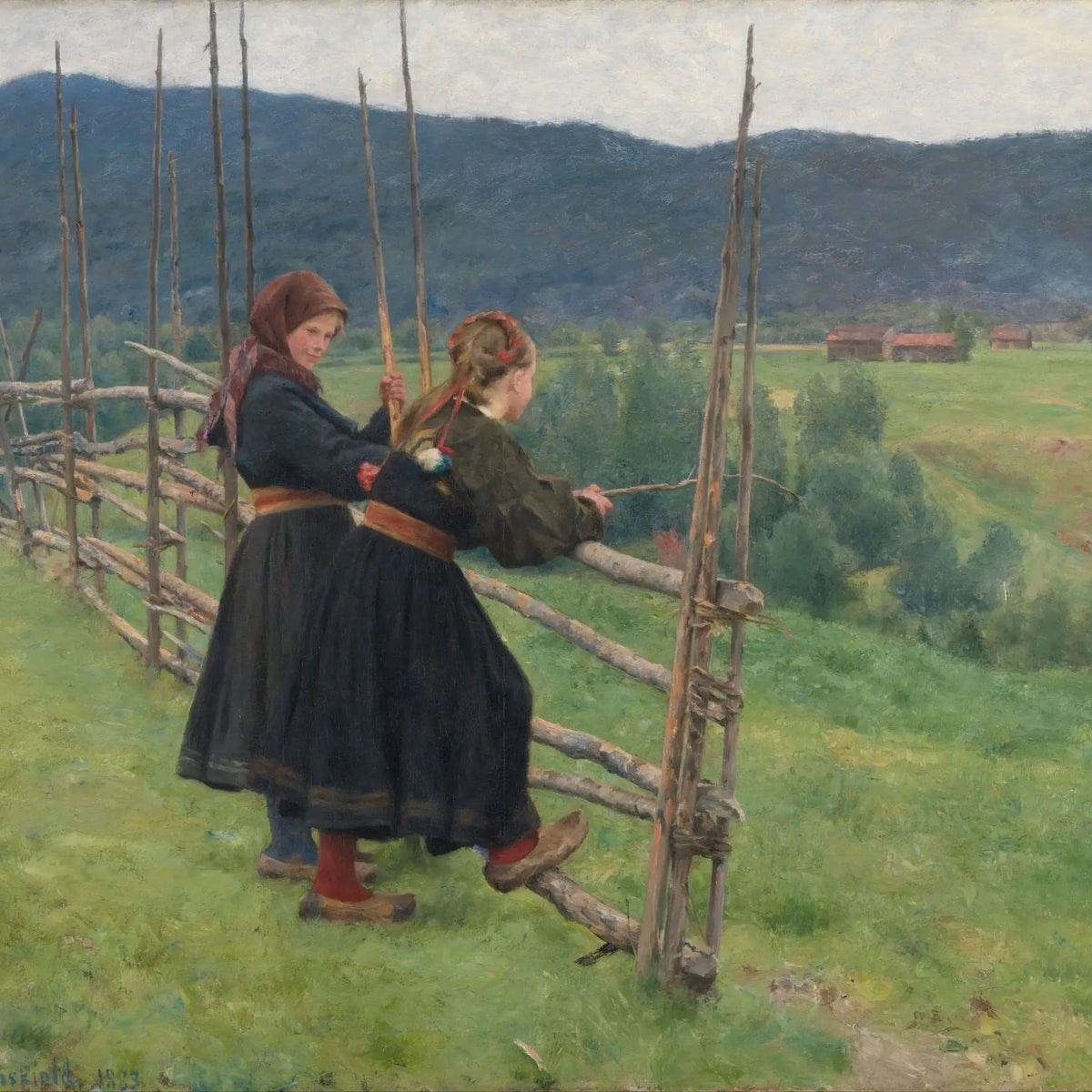 People Oil Painting - Rural Scene with Two Women by Fence - Oil Painting Haven