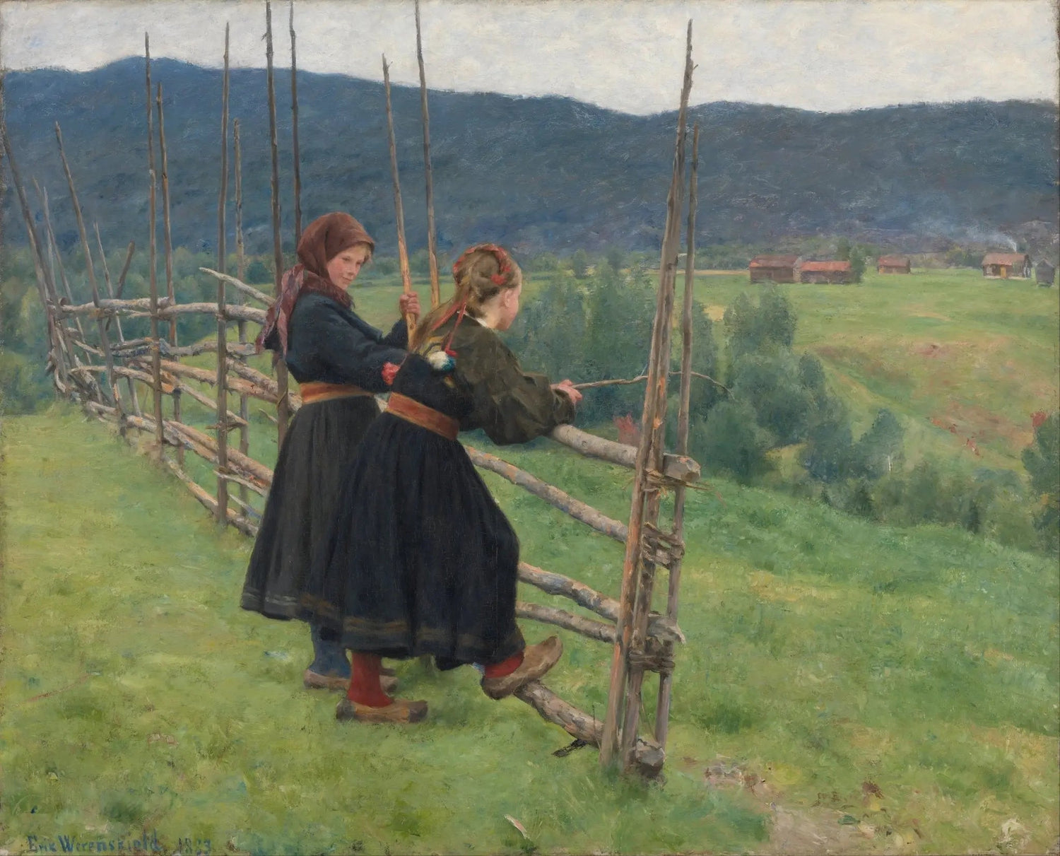 People Oil Painting - Rural Scene with Two Women by Fence - Oil Painting Haven