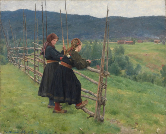 People Oil Painting - Rural Scene with Two Women by Fence - Oil Painting Haven