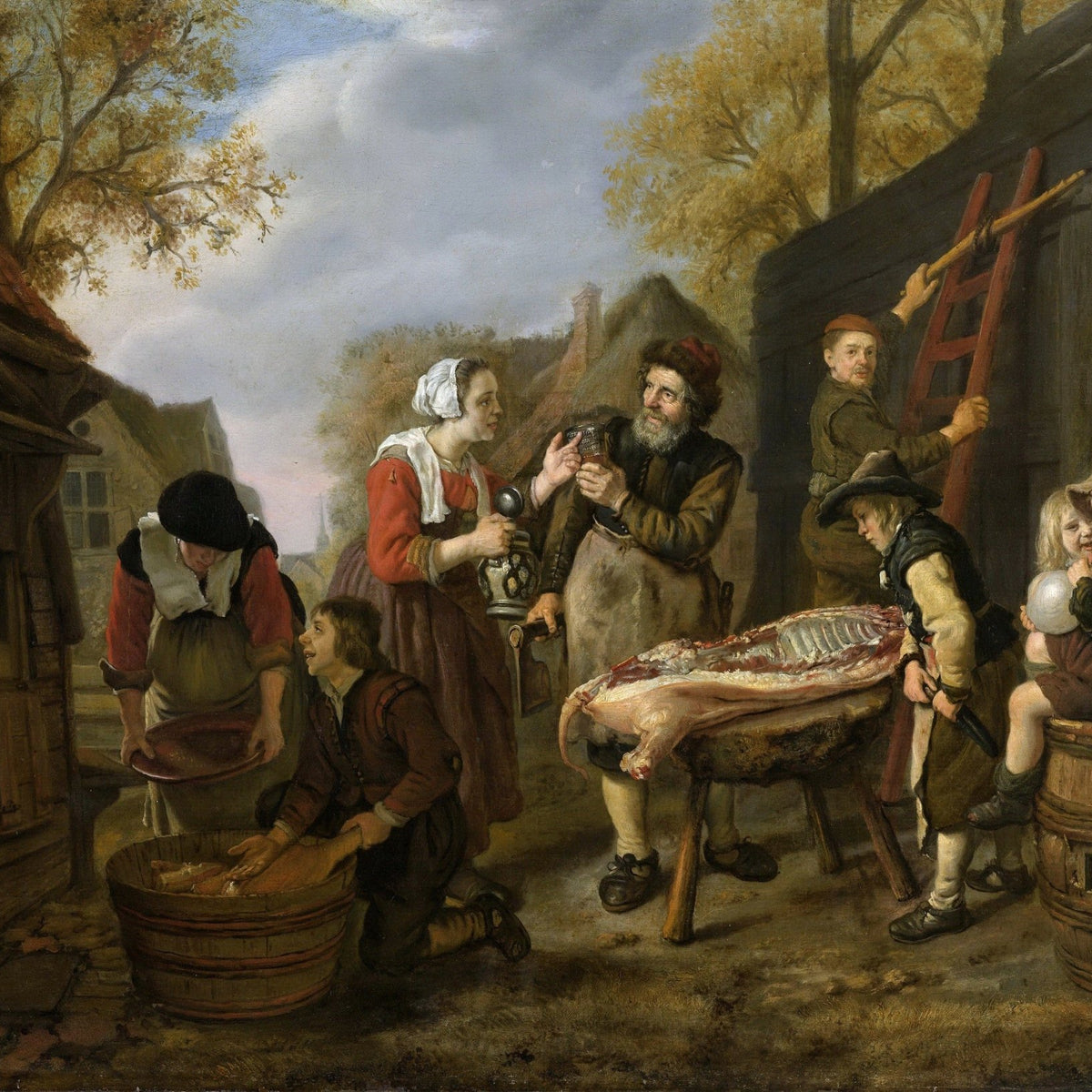 People Oil Painting - Rustic Butcher Scene with Village Figures - Oil Painting Haven
