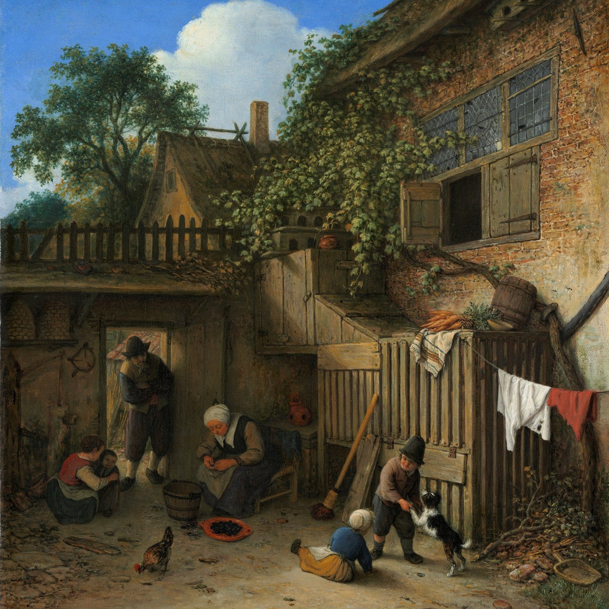 People Oil Painting - Rustic Courtyard Family Life Scene - Oil Painting Haven