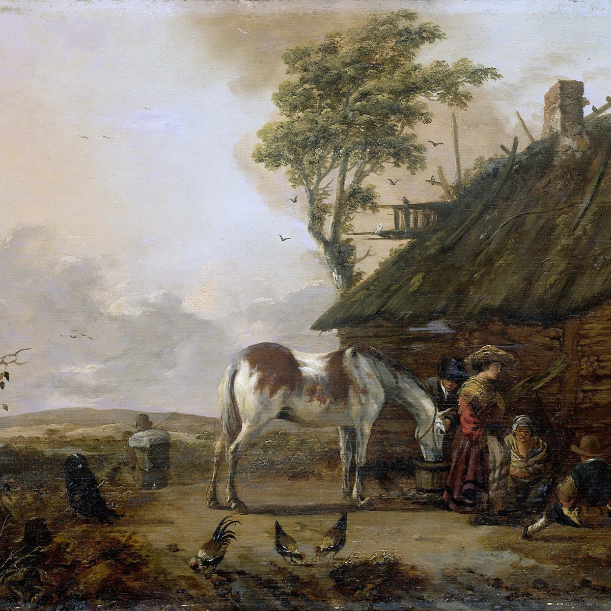 People Oil Painting - Rustic Farm Scene with Horse and Figures - Oil Painting Haven