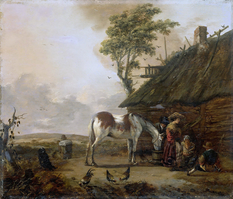 People Oil Painting - Rustic Farm Scene with Horse and Figures - Oil Painting Haven