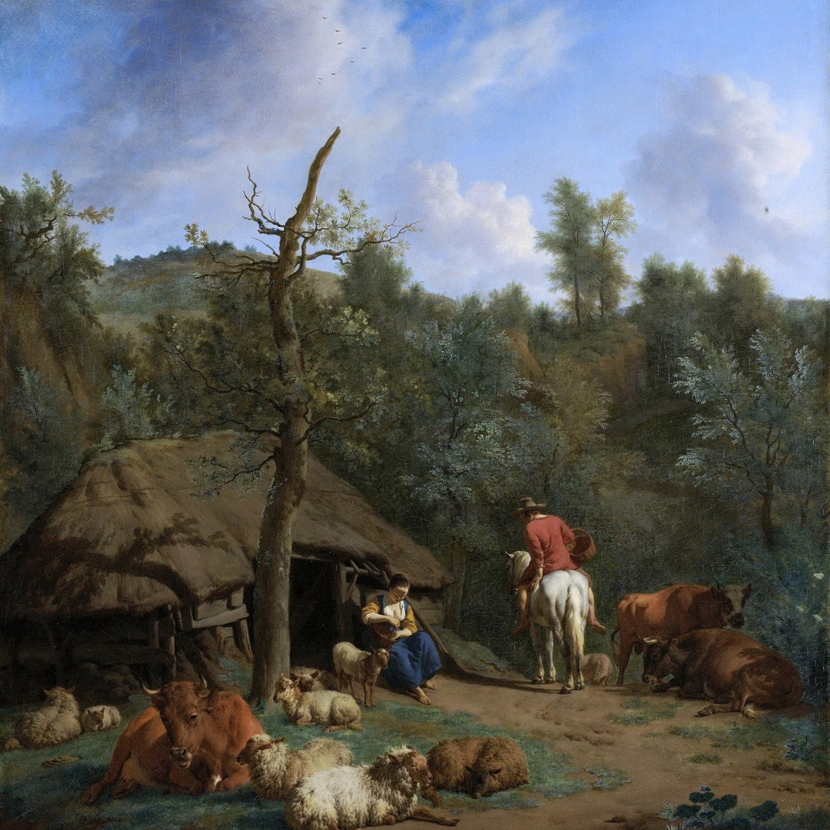 People Oil Painting - Rustic Farm Scene with Shepherd and Animals - Oil Painting Haven
