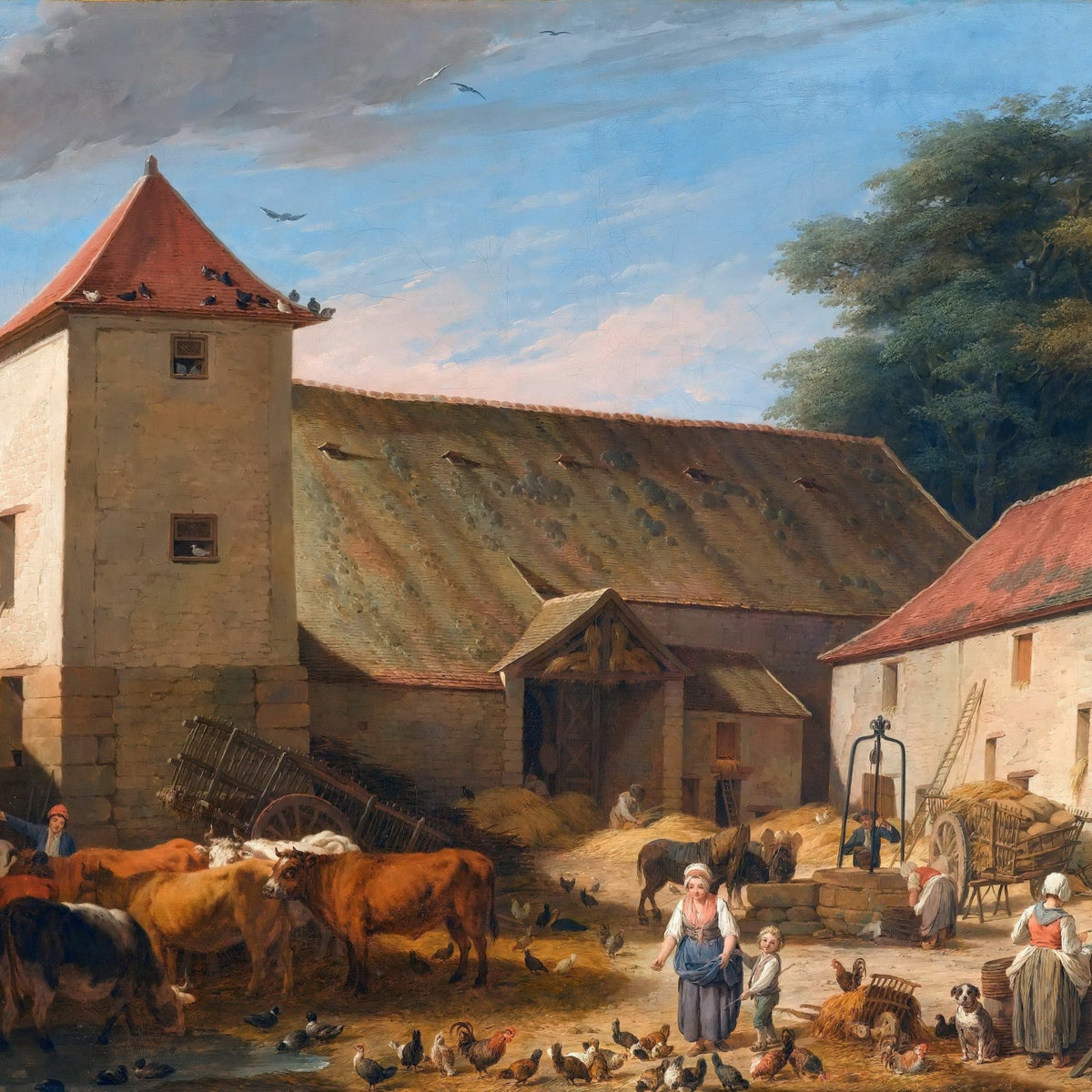 People Oil Painting - Rustic Farmyard Scene with Villagers - Oil Painting Haven