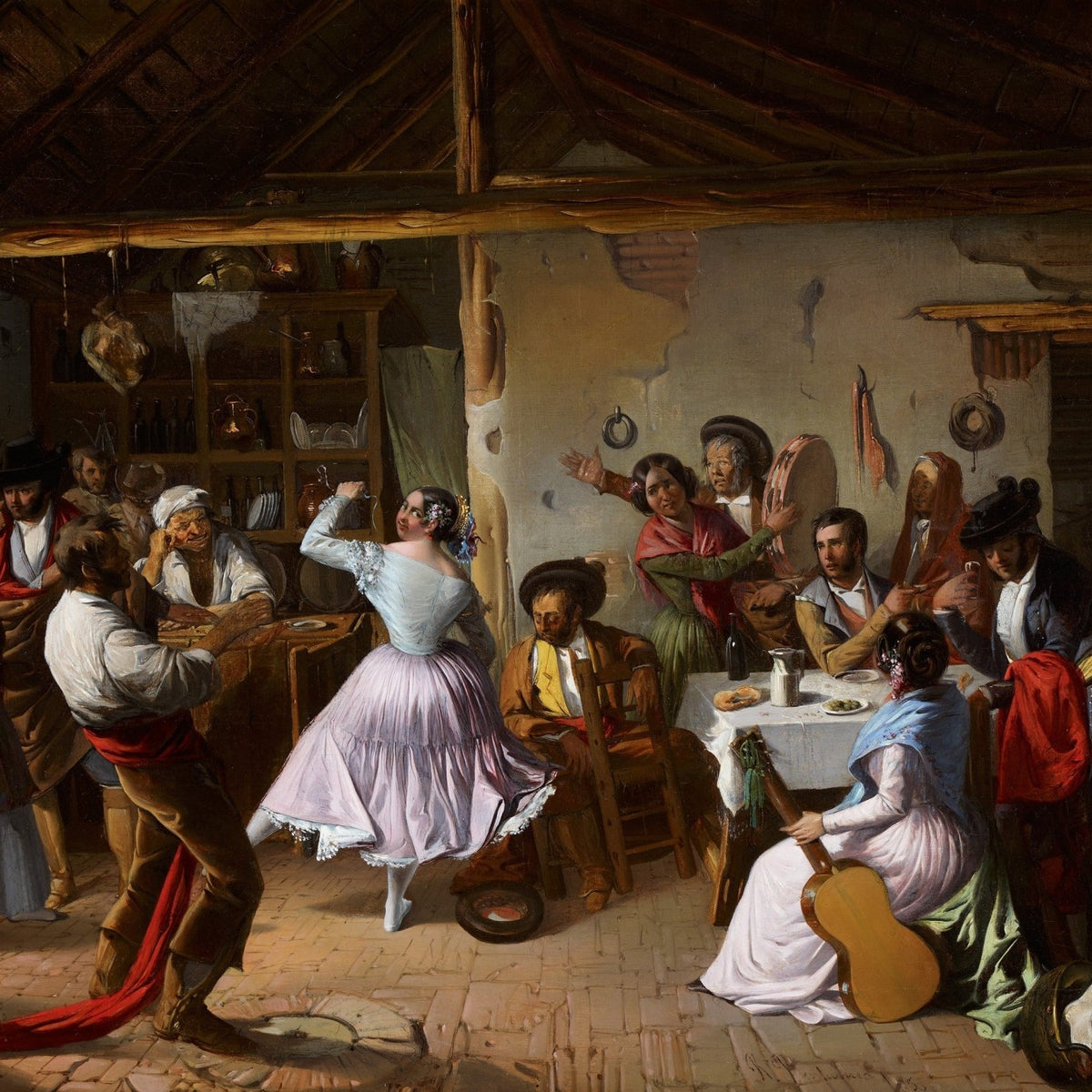 People Oil Painting - Rustic Inn Dance Scene with Musicians - Oil Painting Haven