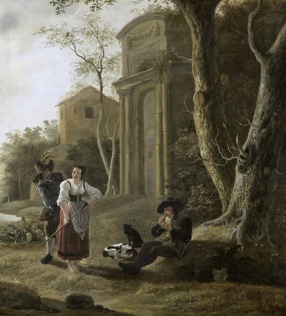 People Oil Painting - Rustic Shepherd Scene with Village Figures - Oil Painting Haven