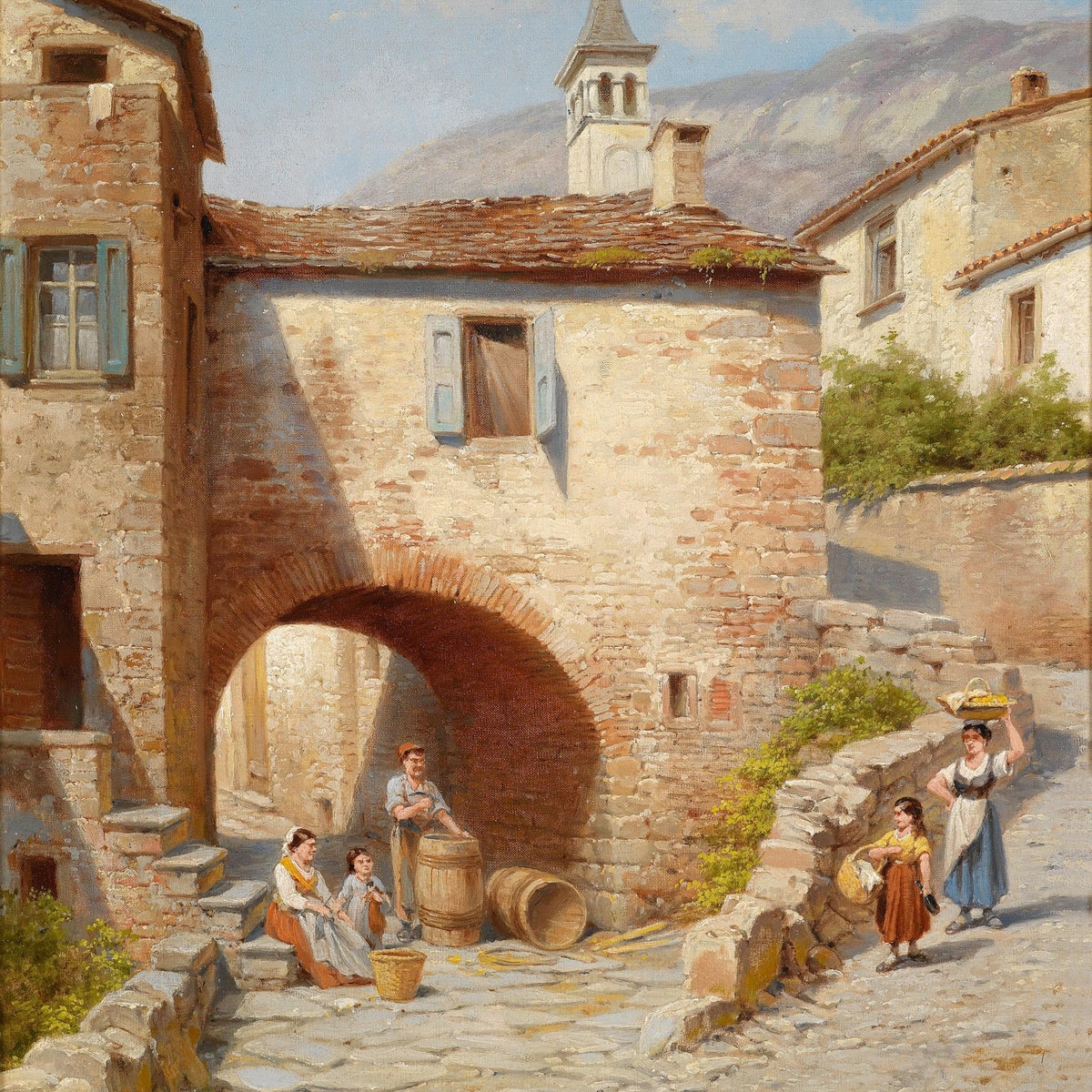 People Oil Painting - Rustic Village Life with Figures - Oil Painting Haven