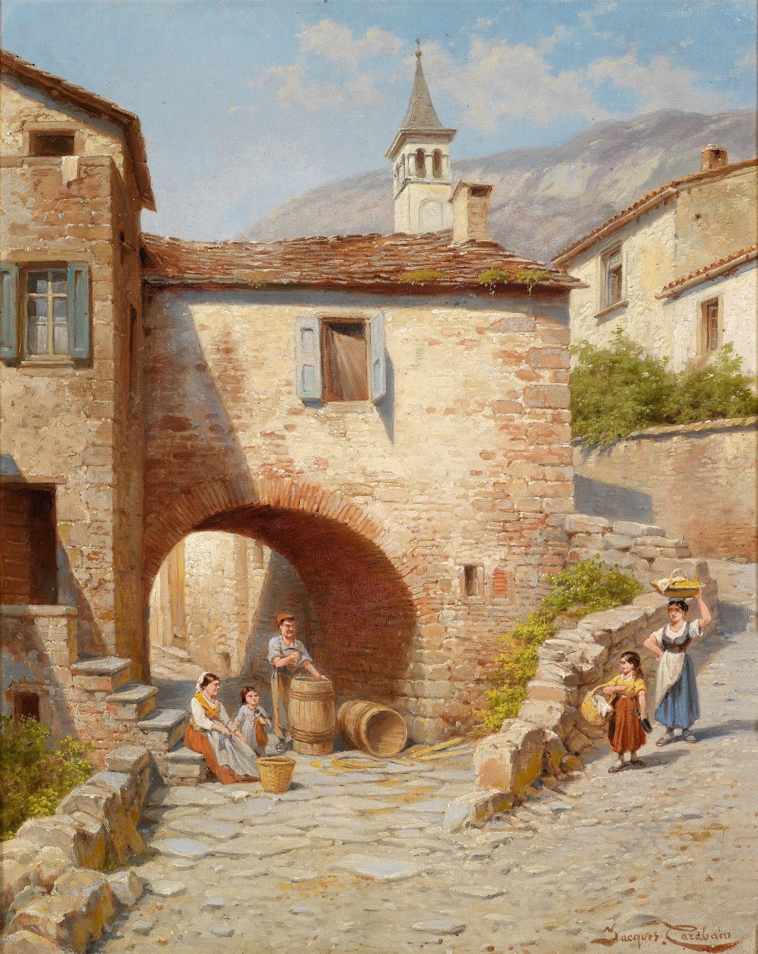 People Oil Painting - Rustic Village Life with Figures - Oil Painting Haven