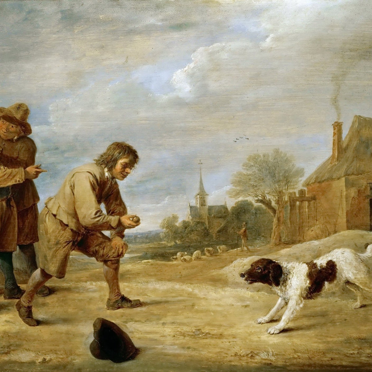 People Oil Painting - Rustic Village Scene with Dog and Figures - Oil Painting Haven