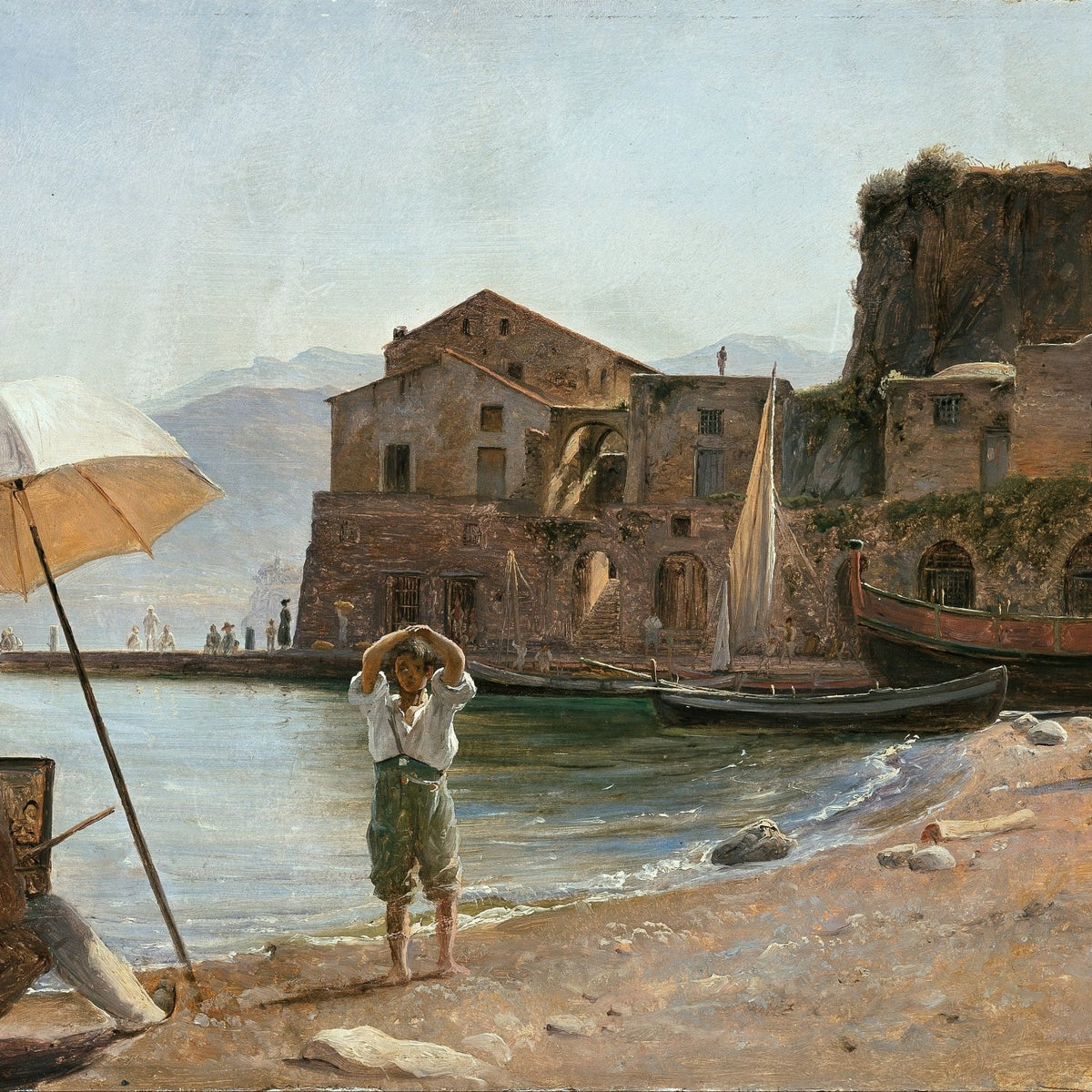 People Oil Painting - Seaside Artist and Boy by Harbor - Oil Painting Haven