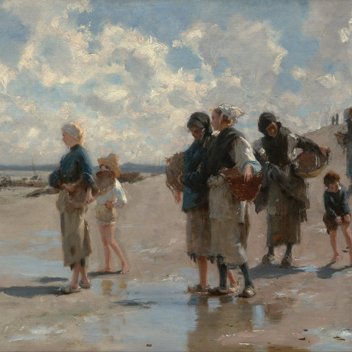 People Oil Painting - Seaside Fisherfolk Gathering Scene - Oil Painting Haven