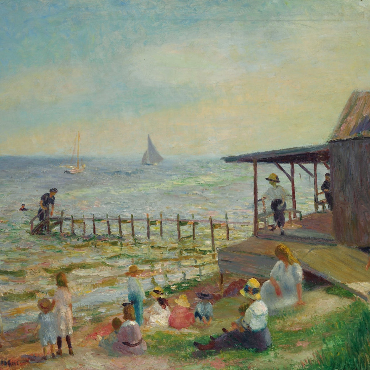 People Oil Painting - Seaside Leisure Scene with Families - Oil Painting Haven