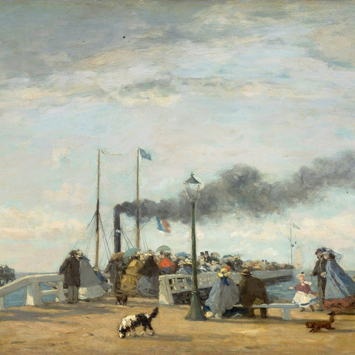 People Oil Painting - Seaside Pier Crowd with Boats Scene - Oil Painting Haven