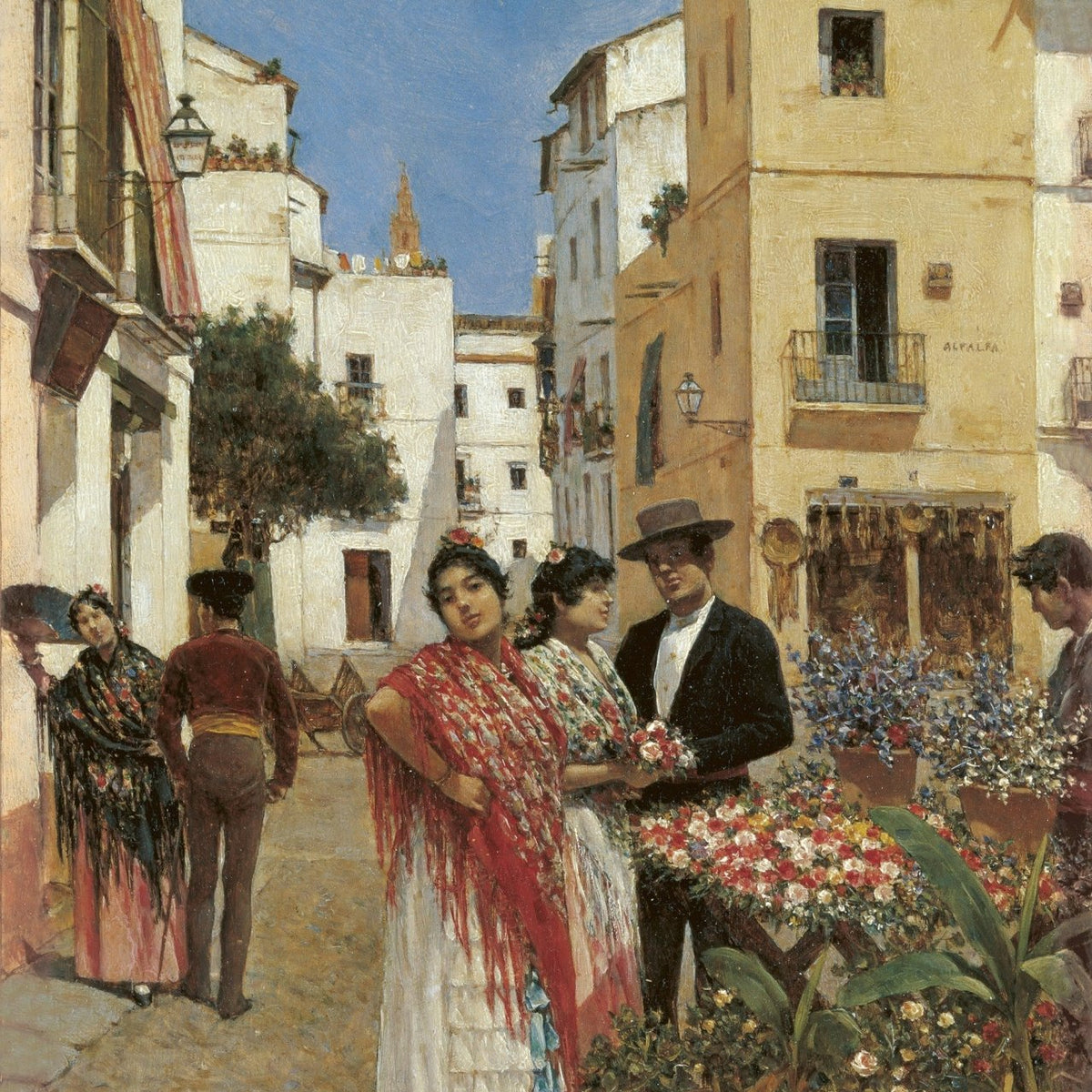 People Oil Painting - Sevilla Street Scene with Flowers - Oil Painting Haven