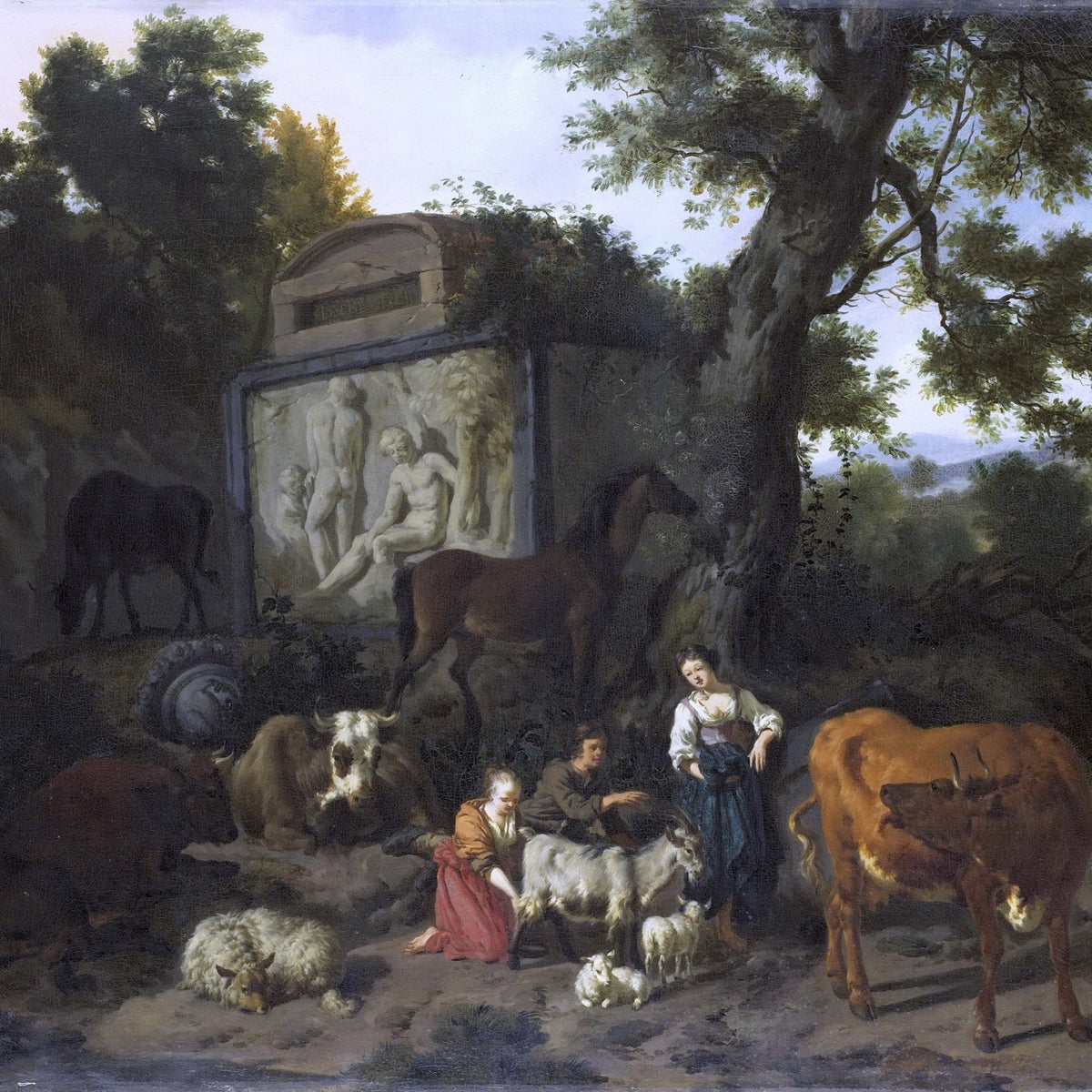 People Oil Painting - Shepherd Family with Cattle in Woodland - Oil Painting Haven