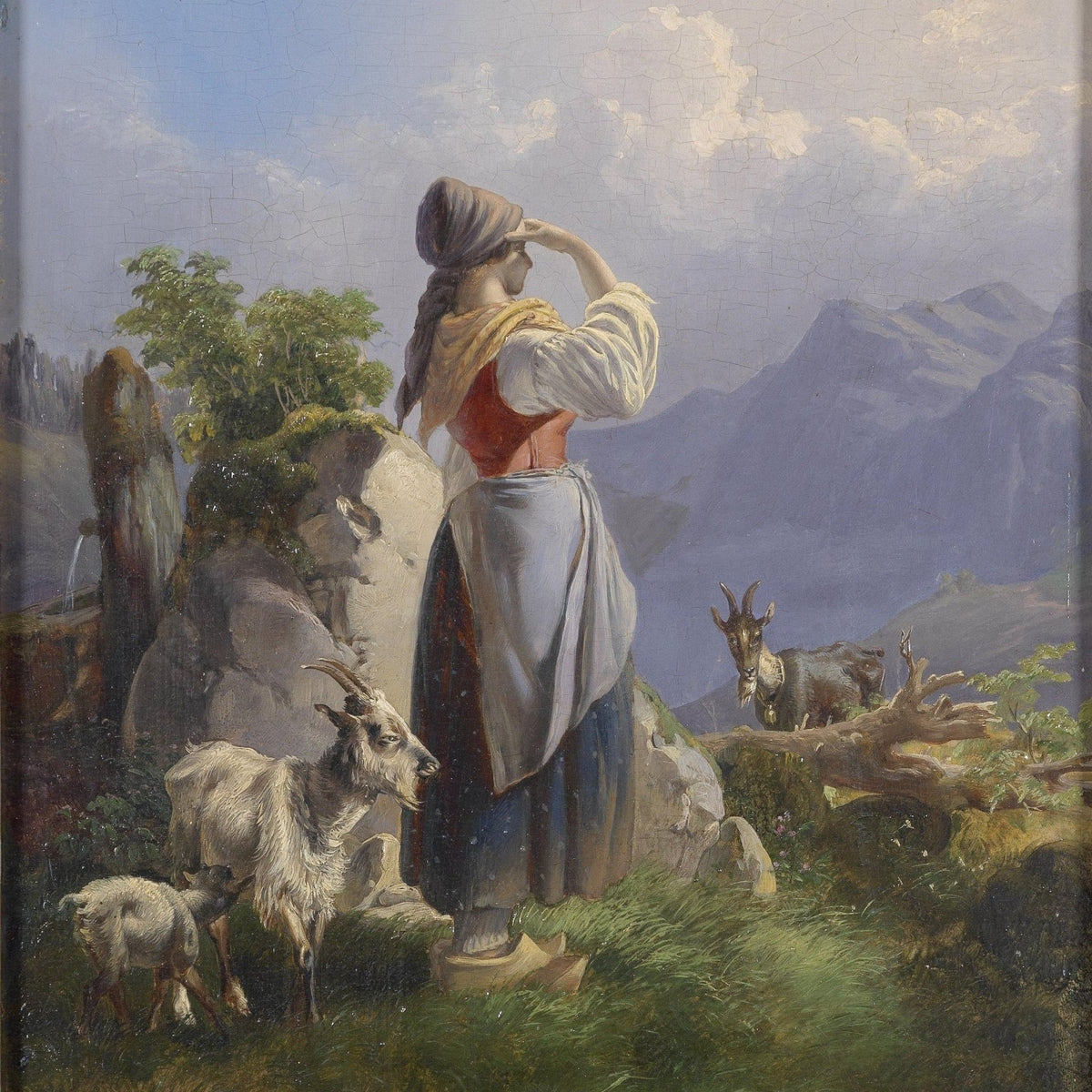 People Oil Painting - Shepherd Girl with Goats in Mountain - Oil Painting Haven