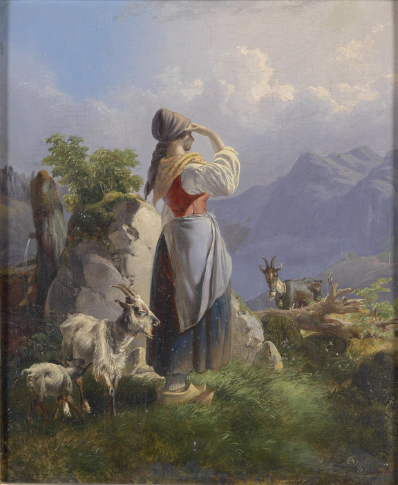 People Oil Painting - Shepherd Girl with Goats in Mountain - Oil Painting Haven