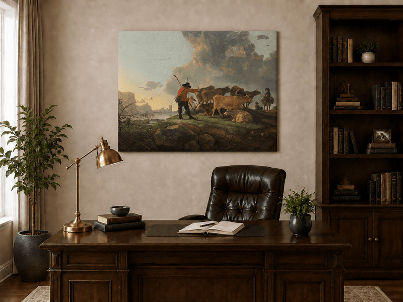 Peinture à l'huile de paysage - Homme à dos d'âne, femme, chien et champ rural