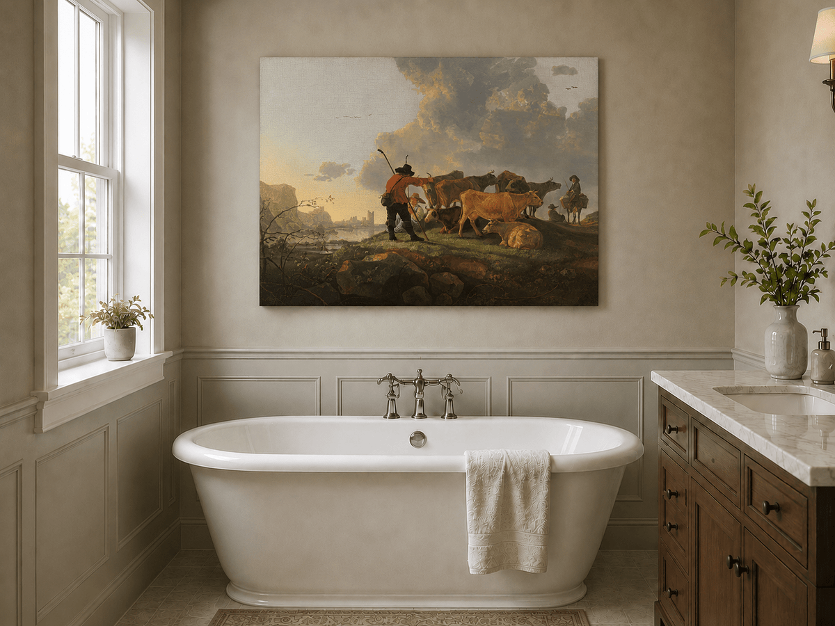 Peinture à l'huile de paysage - Homme à dos d'âne, femme, chien et champ rural