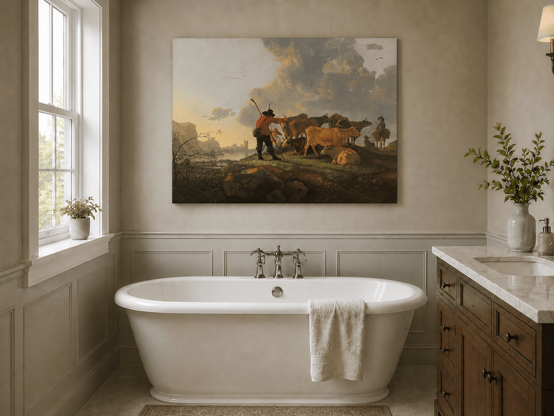 Peinture à l'huile de paysage - Homme à dos d'âne, femme, chien et champ rural