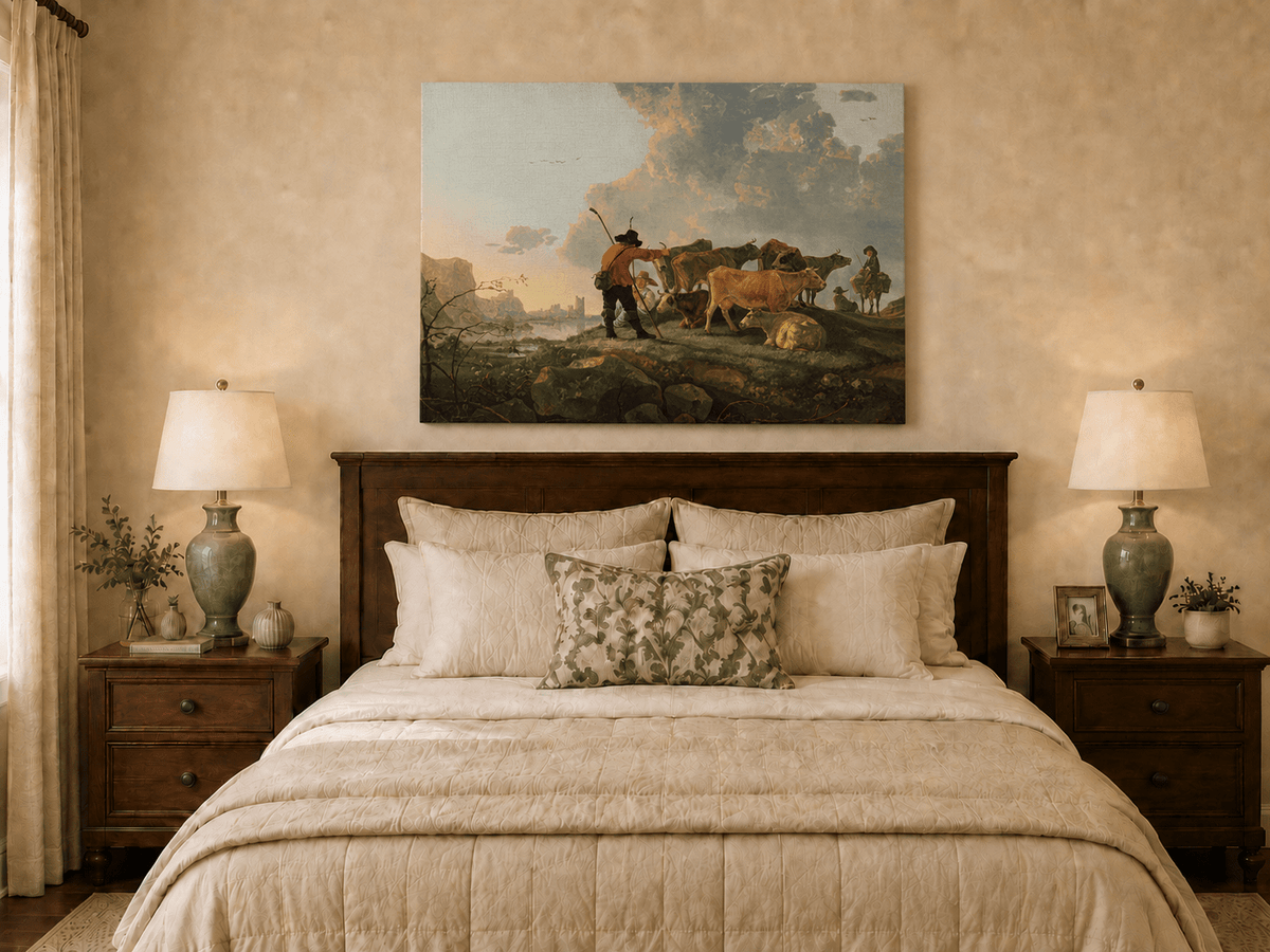 Peinture à l'huile de paysage - Homme à dos d'âne, femme, chien et champ rural