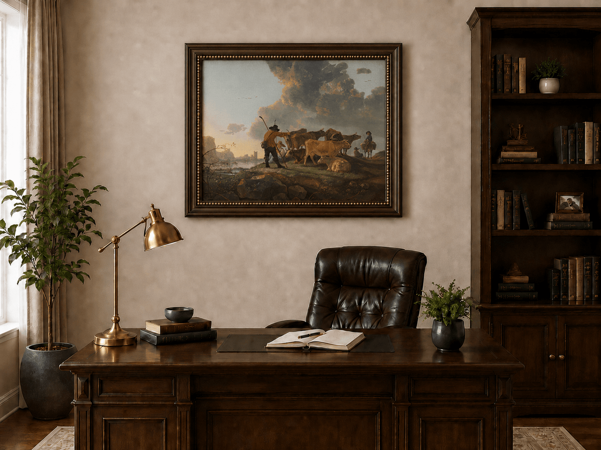 Peinture à l'huile de paysage - Homme à dos d'âne, femme, chien et champ rural