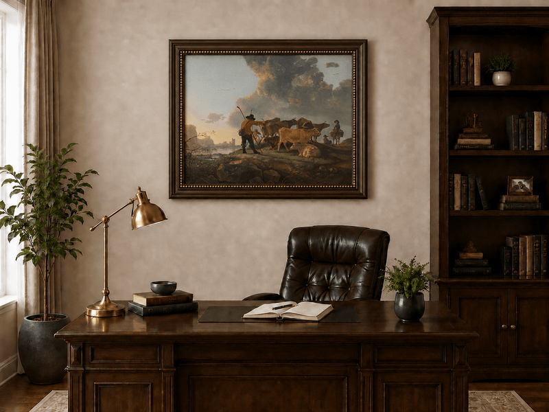 Peinture à l'huile de paysage - Homme à dos d'âne, femme, chien et champ rural
