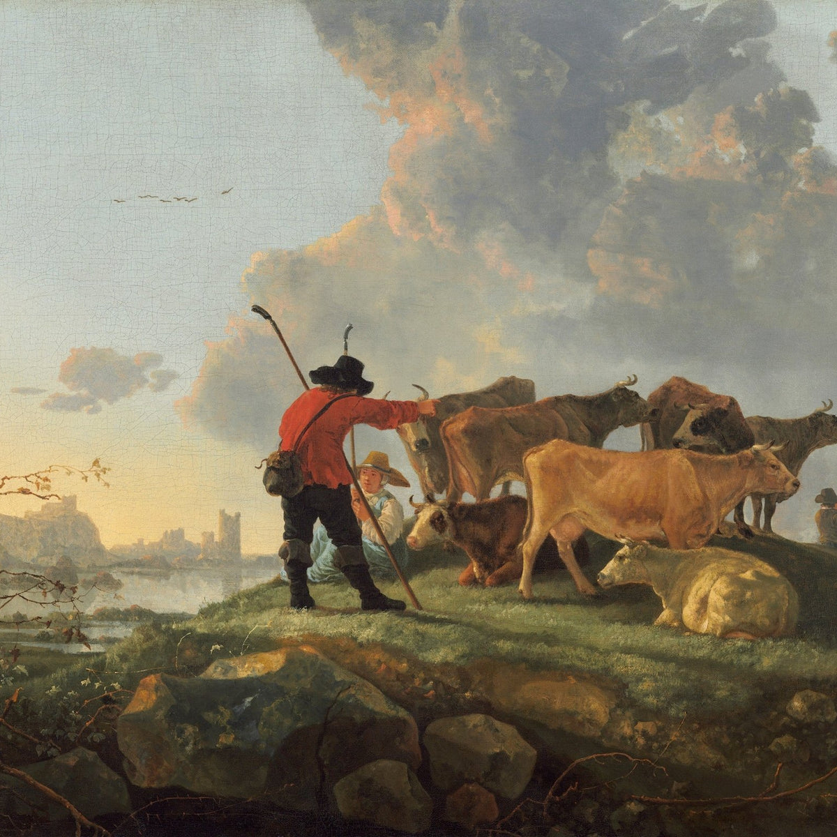 People Oil Painting - Shepherd Herding Cattle in Pastoral Landscape - Oil Painting Haven